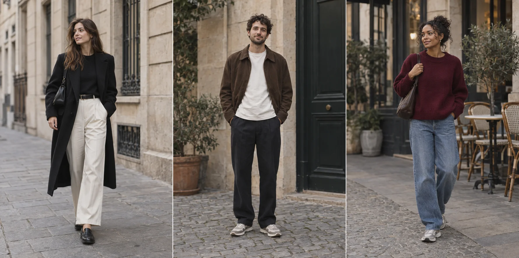 Three street-style ideas: a black coat with ivory trousers, a relaxed brown jacket, and a burgundy knit with blue jeans
