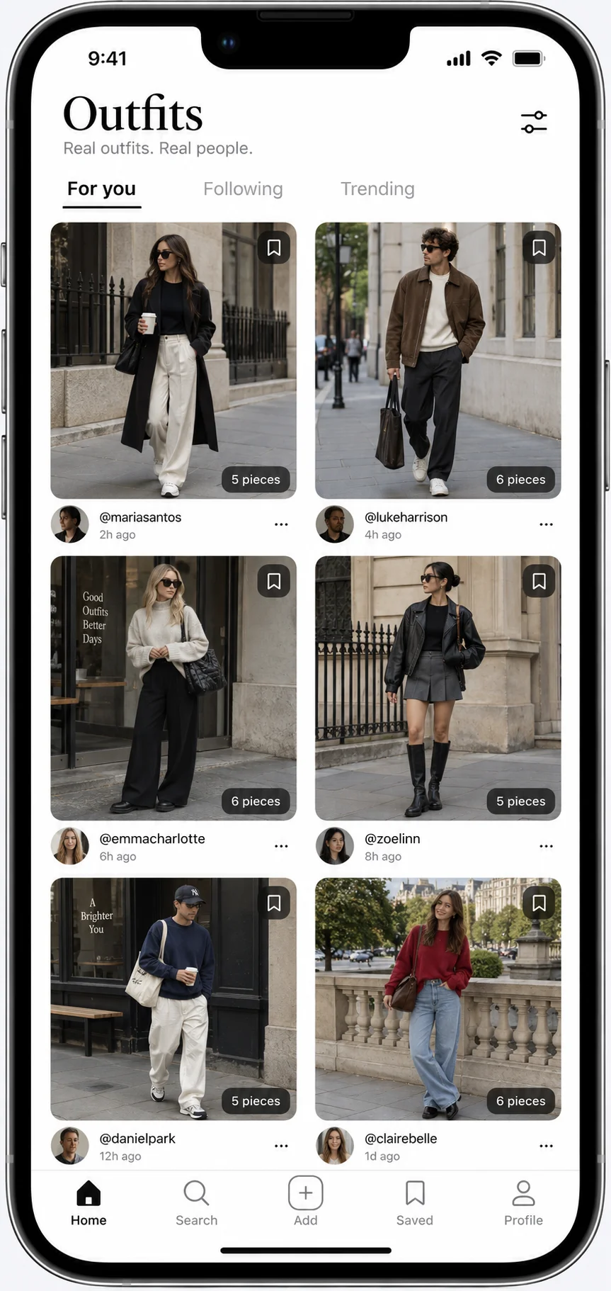 Outfits app: a feed of everyday looks, with creators and tagged clothing