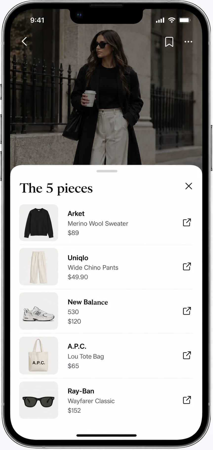 Outfits app: the five pieces of an outfit, with product photos, brands and prices