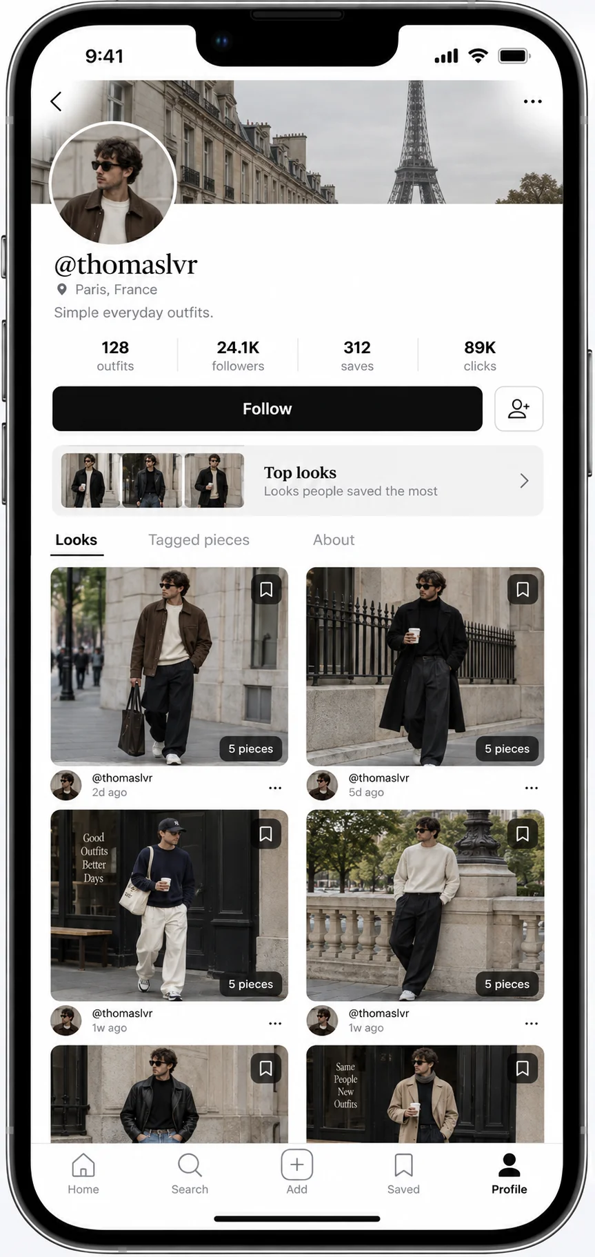Outfits creator profile, bringing a person’s published outfits together in one place