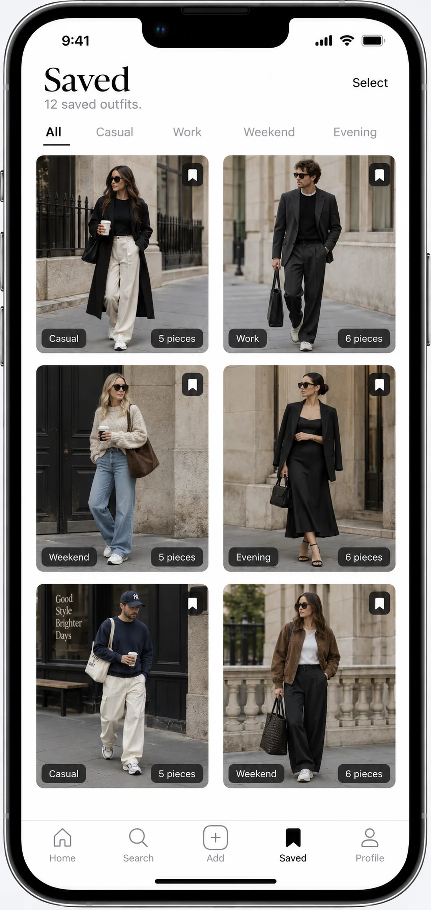 Outfits saved screen, with looks organised into casual, work, weekend and evening collections