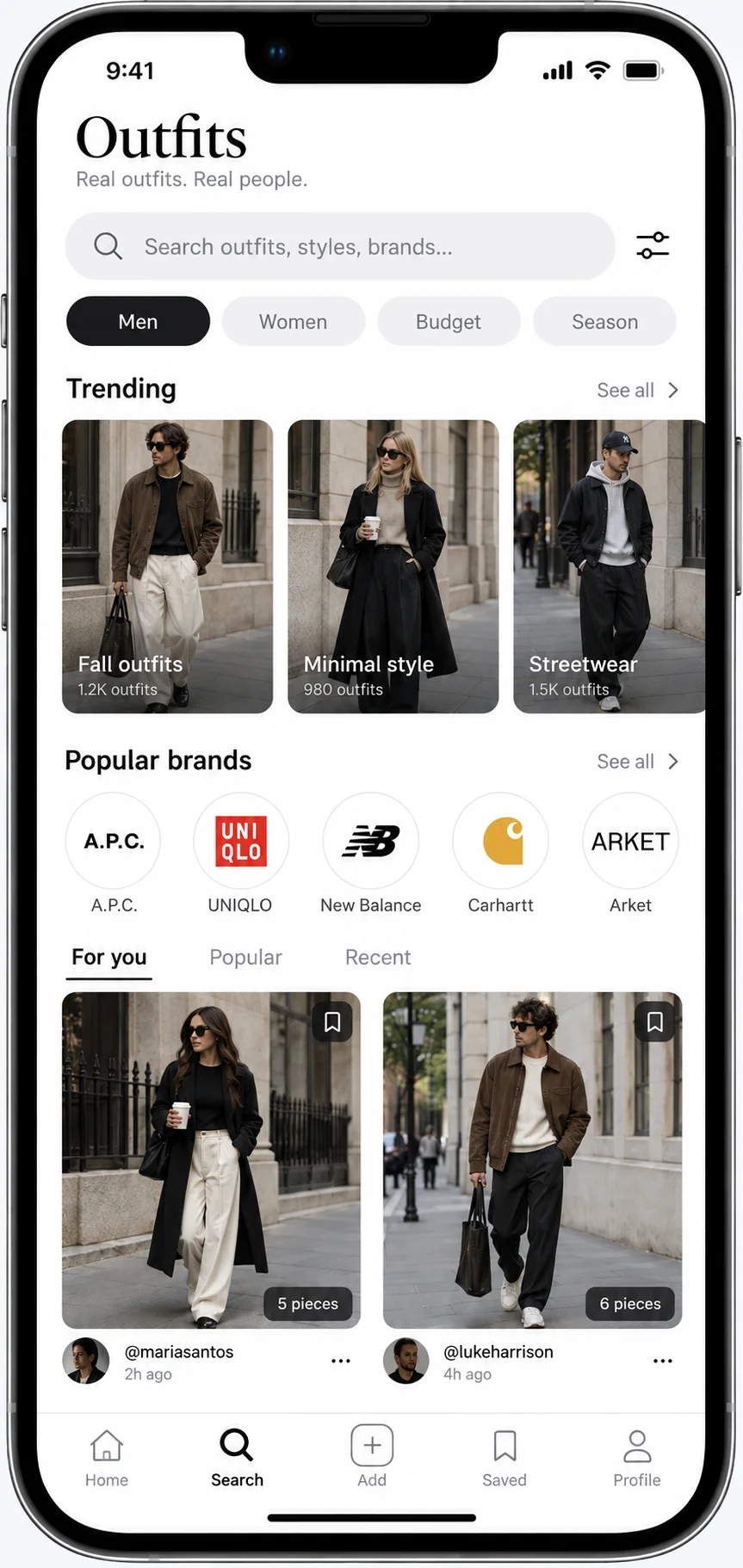Outfits search screen showing style collections, brands and a personalised outfit feed
